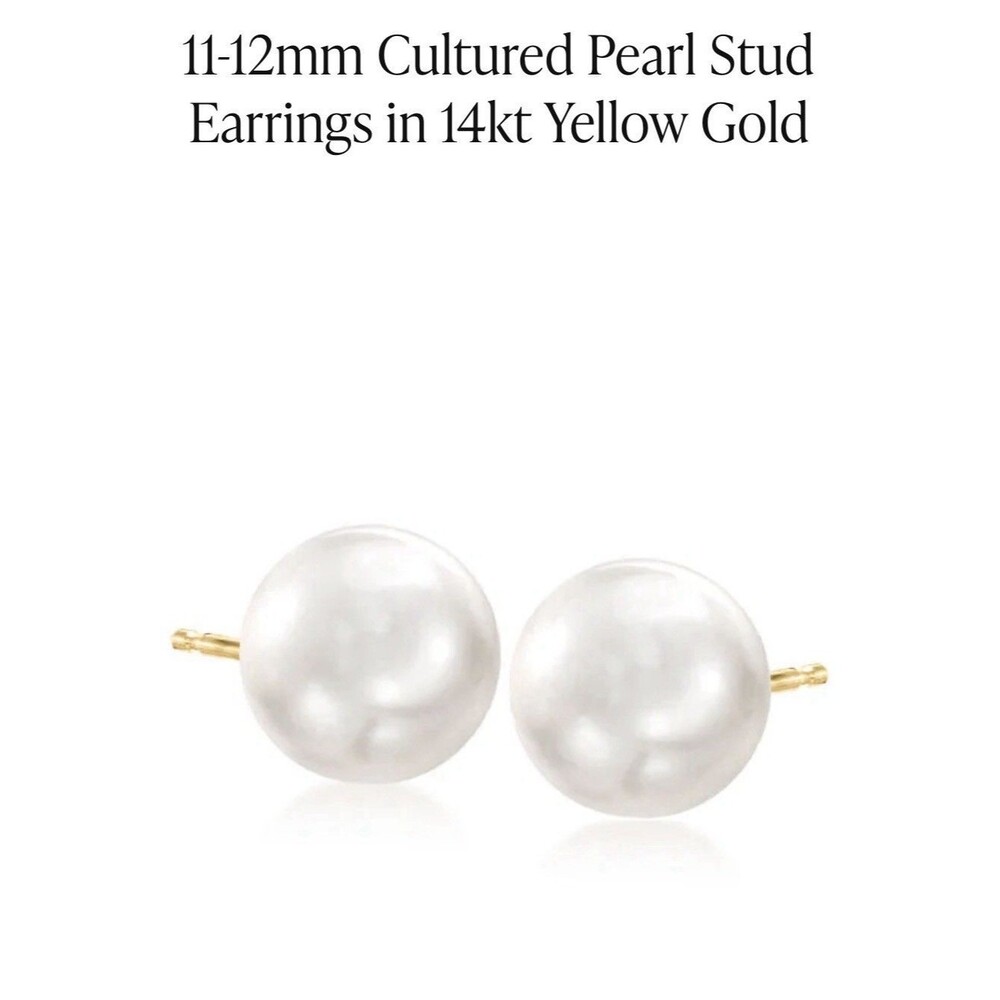 Ross Simons 14K Gold Large Cultured White Pearl Stud Earrings Aprox-11-12MM NEW